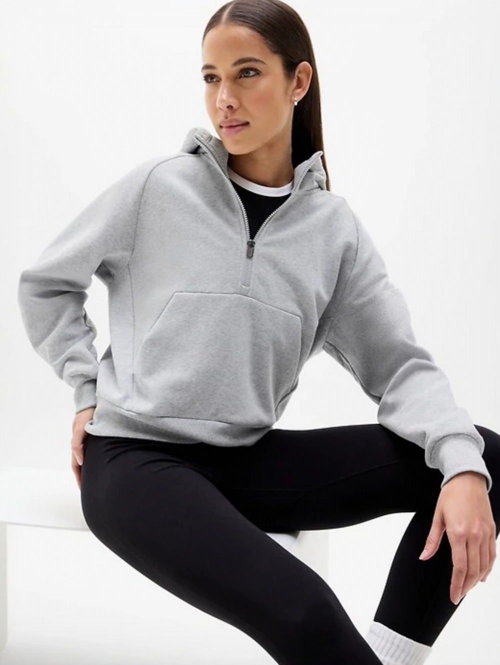 Athleta Forever Fleece Half Zip Hoodie Grey Heather Plush Athleisure XL NWT